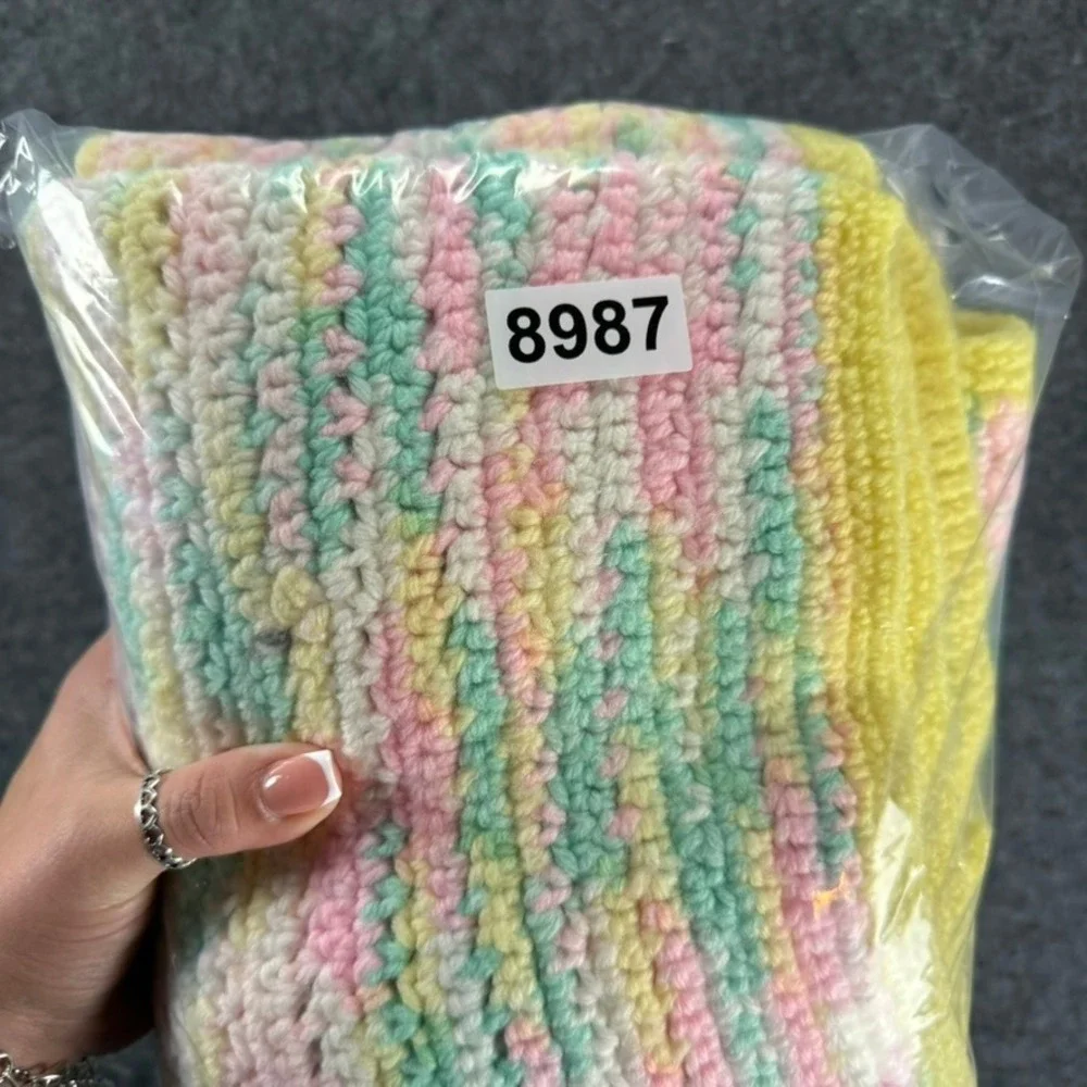 Crochet Baby Blanket Pastel Yellow Pink Green Handmade Knit‎ Afghan